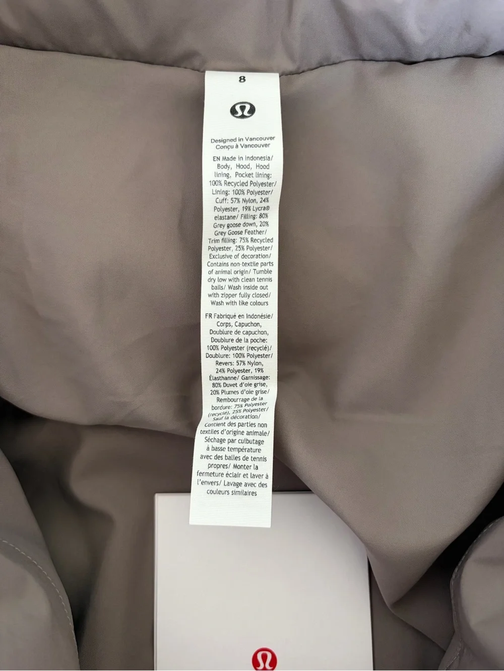 Lululemon Wunder Puff 600 Down Fill Jacket Warm Ash Grey Size 8